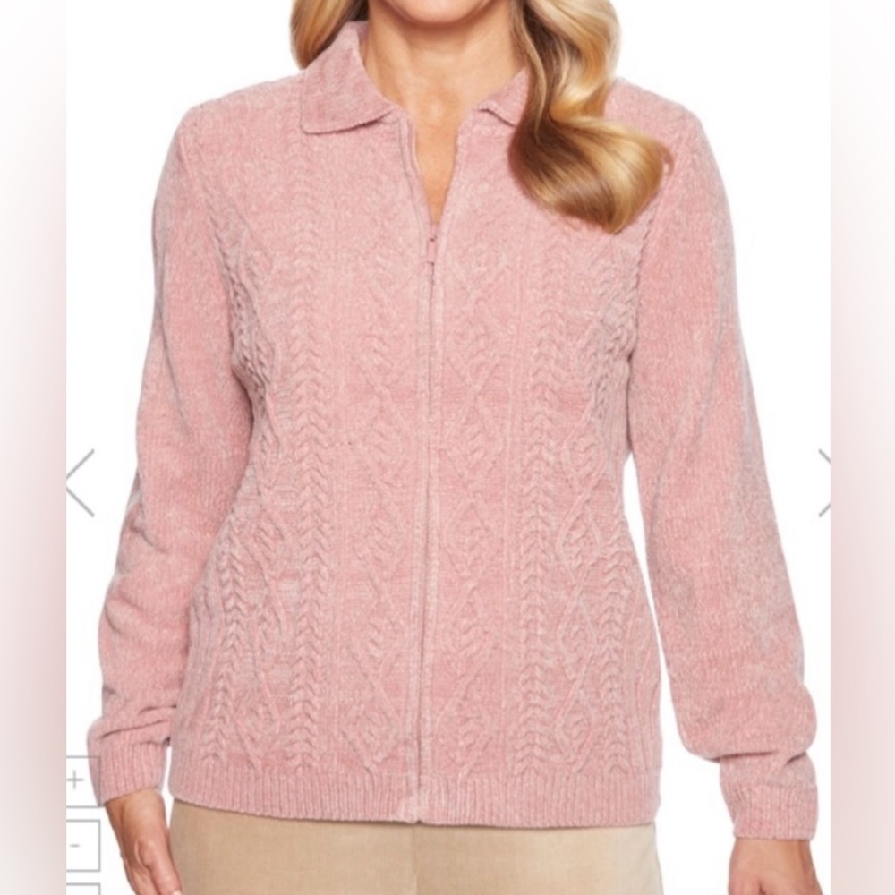 Alfred Dunner Dusty Rose Cable Knit Zip-Up Sweater Size S